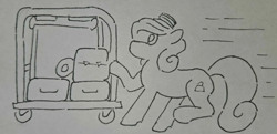 Size: 1354x654 | Tagged: safe, artist:otl crafts, oc, oc only, oc:belle hop, earth pony, pony, /mlptg/ the bannermanes, earth pony oc, female, ink, luggage, luggage carrier, mare, simple background, solo, traditional art