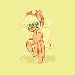 Size: 1411x1411 | Tagged: safe, artist:possumpuppy, applejack, earth pony, pony, g4, apple eyes, emanata, raised hoof, simple background, solo, wingding eyes, yellow background