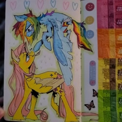 Size: 1080x1080 | Tagged: safe, artist:possumpuppy, fluttershy, rainbow dash, pegasus, pony, g4, duo, emanata, grin, looking at each other, looking at someone, smiling, traditional art, wavy mouth