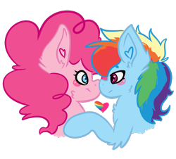 Size: 720x650 | Tagged: safe, artist:bytemyfur, pinkie pie, rainbow dash, pony, g4, blush sticker, blushing, bust, duo, duo female, female, heart, heart ears, lesbian, nuzzling, pride, pride flag, ship:pinkiedash, shipping, simple background, transparent background