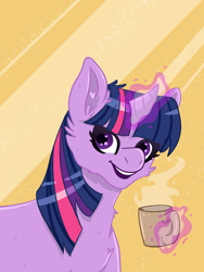 Size: 1500x2000 | Tagged: safe, artist:bytemyfur, twilight sparkle, pony, unicorn, g4, cheek fluff, coffee, coffee mug, curved horn, horn, magic, mug, smiling, solo, telekinesis, unicorn twilight