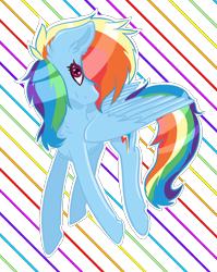 Size: 1020x1280 | Tagged: safe, artist:bytemyfur, rainbow dash, pegasus, pony, g4, concave belly, large wings, rainbow background, solo, striped background, wings