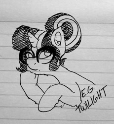 Size: 540x585 | Tagged: safe, artist:possumpuppy, sci-twi, twilight sparkle, pony, unicorn, equestria girls, g4, black and white, equestria girls ponified, glasses, grayscale, hair bun, ink drawing, lined paper, monochrome, ponified, solo, traditional art, unicorn sci-twi