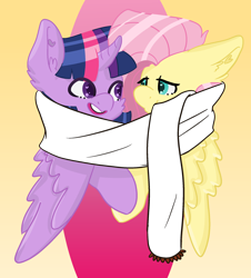 Size: 2200x2429 | Tagged: safe, artist:possumpuppy, fluttershy, twilight sparkle, alicorn, pegasus, pony, g4, clothes, cute, duo, duo female, female, gradient background, lesbian, looking at each other, looking at someone, scarf, shared clothing, shared scarf, ship:twishy, shipping, twilight sparkle (alicorn)