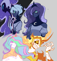 Size: 1902x2040 | Tagged: safe, artist:cranialgrind, daybreaker, nightmare moon, princess celestia, princess luna, human, g4, armor, bracer, clothes, colored, colored pupils, colored sclera, colored sketch, crown, cutie mark on clothes, dress, duality, ethereal hair, eye clipping through hair, fiery hair, flat colors, flowing hair, gorget, gray background, grin, hair over one eye, helmet, horned helmet, humanized, jewelry, multicolored hair, no catchlights, pauldron, pony coloring, puffy sleeves, purple hair, purple pupils, red pupils, regalia, s1 luna, sharp teeth, short hair, simple background, sketch, slit pupils, smiling, starry hair, teeth, tiara, two toned hair, wavy hair