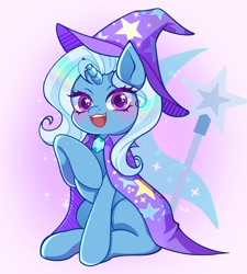 Size: 2700x3000 | Tagged: safe, artist:radiant_toast, trixie, pony, unicorn, g4, blushing, cape, clothes, cutie mark background, female, hat, hoof on chest, horn, mare, open mouth, open smile, sitting, smiling, solo, trixie's cape, trixie's hat