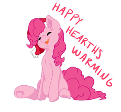 Size: 2549x2353 | Tagged: safe, artist:possumpuppy, part of a set, pinkie pie, earth pony, pony, g4, christmas, eyes closed, female, happy hearth's warming, hat, holiday, mare, santa hat, simple background, sitting, smiling, solo, transparent background