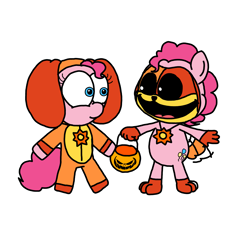 Size: 3351x3023 | Tagged: safe, artist:professorventurer, pinkie pie, earth pony, pony, g4, clothes, cosplay, costume, dogday, duo, halloween, halloween costume, holiday, jack-o-lantern, kigurumi, open mouth, open smile, pumpkin, pumpkin bucket, simple background, smiling, smiling critters, tail, tail wag, white background