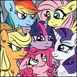 Size: 1200x1200 | Tagged: safe, artist:showa1901, applejack, fluttershy, pinkie pie, rainbow dash, rarity, twilight sparkle, earth pony, pegasus, pony, unicorn, g4, female, group shot, horn, mane six, mare, signature, smiling