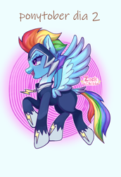 Size: 1984x2880 | Tagged: safe, artist:zackchibi, rainbow dash, zapp, pegasus, pony, g4, female, mare, open mouth, open smile, power ponies, signature, smiling, solo, spread wings, wings