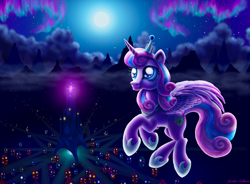 Size: 3260x2404 | Tagged: safe, artist:jac59col, princess flurry heart, alicorn, pony, g4, aurora borealis, cloud, crown, crystal empire, empress, female, flying, jewelry, mare, moon, older, older flurry heart, outdoors, princess, regalia, sky, solo, stars