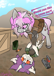 Size: 1440x1995 | Tagged: safe, artist:spoopy-abby, oc, oc only, oc:hired gun, earth pony, pony, unicorn, fallout equestria, fallout equestria: heroes, box, clothes, duo, ear piercing, earth pony oc, fanfic art, female, female oc, gritted teeth, gun, handgun, horn, looking at each other, looking at someone, lying down, mare oc, on back, outdoors, piercing, pinned, pinned down, pistol, raider, teeth, torn ear, unicorn oc, weapon