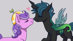 Size: 794x445 | Tagged: artist needed, safe, screwball, oc, oc:mothball, changeling, earth pony, pony, g4, canon x oc, changeling oc, crooked horn, duo, eyes closed, female, gray background, hat, heart, horn, male, mare, needs more jpeg, nose to nose, ship:screwmoth, shipping, simple background, straight, wings