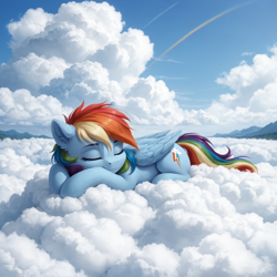 Size: 1536x1536 | Tagged: safe, ai composition, ai content, generator:pony realism 2.1, generator:stable diffusion, prompter:tyto4tme4l, rainbow dash, pegasus, pony, g4, cloud, cute, dashabetes, ear fluff, eyes closed, female, full body, lying down, mare, mountain, mountain range, on a cloud, outdoors, prone, rainbow, scenery, sky, sleeping, sleeping on a cloud, solo