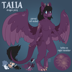 Size: 2500x2500 | Tagged: safe, artist:lionbun, oc, oc only, oc:talia, dracony, dragon, hybrid, anthro, anthro oc, character design, commission, pegasus wings, reference sheet, solo, tattoo, wings