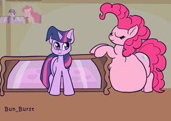 Size: 1754x1240 | Tagged: safe, artist:bun_burst, pinkie pie, twilight sparkle, earth pony, pony, unicorn, g4, swarm of the century, belly, big belly, fat, fat fetish, fetish, horn, indoors, inflation, obese, piggy pie, pudgy pie, scene interpretation, screencap reference, smiling, stuffed belly, stuffing