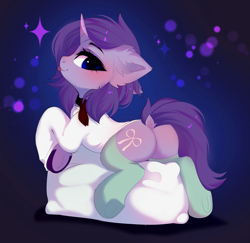 Size: 3871x3762 | Tagged: safe, artist:empress-twilight, oc, oc only, oc:starlet violet, pony, unicorn, :p, blushing, butt, clothes, commission, dock, ear fluff, eyebrows, female, horn, looking back, lying down, mare, pillow, plot, prone, smiling, socks, solo, sparkles, tail, thigh highs, tongue out, underhoof, unicorn oc, unshorn fetlocks, ych result