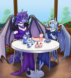 Size: 3848x4234 | Tagged: safe, artist:blackblood-queen, oc, oc only, oc:amelia valkyria, oc:deliha valkyria, bat pony, anthro, unguligrade anthro, anthro oc, bat pony oc, cake, chair, clothes, commission, cup, cupcake, digital art, dress, duo, fangs, female, flower, flower garden, food, looking at each other, looking at someone, mare, mother and child, mother and daughter, sitting, slit pupils, smiling, strawberry, table, tea, teacup, teapot, veranda