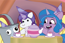 Size: 1246x826 | Tagged: safe, artist:prixy05, izzy moonbow, rarity, pony, unicorn, g5, my little pony: tell your tale, birthday party, bucket, cup, cute, daaaaaaaaaaaw, female, filly, filly izzy moonbow, foal, hat, horn, i can't believe it's not hasbro studios, izzy and her 2nd heroine, izzybetes, party, party hat, plushie, pony plushie, solo, teapot, unitober 2024, younger