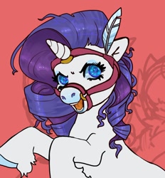 Size: 1242x1341 | Tagged: safe, artist:cricketkisses, artist:smiledogzip, rarity, pony, unicorn, g4, blue eyes, bridle, feather, feather in hair, female, horn, mare, open mouth, rearing, sketch, solo, tack, unshorn fetlocks, wip