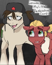 Size: 1242x1553 | Tagged: safe, artist:cricketkisses, artist:smiledogzip, sprout cloverleaf, oc, earth pony, pony, g5, duo, duo male, english, hat, looking at someone, male, stallion, ushanka