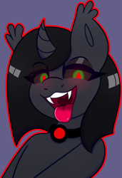 Size: 2609x3813 | Tagged: safe, artist:askhypnoswirl, oc, oc only, oc:decora, undead, unicorn, vampire, vampony, choker, commission, ear fluff, fangs, female, glowing, glowing eyes, horn, icon, mare, open mouth, solo, tongue out