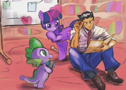 Size: 1300x930 | Tagged: safe, artist:helioshellion, spike, twilight sparkle, dragon, human, pony, unicorn, turnabout storm, g4, ace attorney, book, glowing, glowing horn, golden oaks library, horn, indoors, magic, marker, phoenix wright, sitting, telekinesis, trio, unicorn twilight, whiteboard