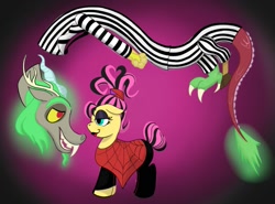 Size: 1135x838 | Tagged: safe, artist:pawer, discord, fluttershy, draconequus, pony, g4, beetlejuice, betelgeuse, clothes, costume, duo, duo male and female, eyeshadow, female, glowing, glowing tail, halloween, halloween costume, holiday, inktober, inktober 2024, looking at each other, looking at someone, lydia deetz, makeup, male, ship:discoshy, shipping, spider web, straight, tail