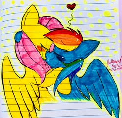 Size: 3024x2934 | Tagged: safe, artist:flutterheartkawaii, fluttershy, rainbow dash, pegasus, pony, g4, crying, duo, duo female, eyes closed, female, heart, kiss on the lips, kissing, lesbian, lined paper, ship:flutterdash, shipping, tears of joy, traditional art