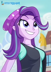 Size: 1061x1500 | Tagged: safe, artist:steyrrdash, derpibooru exclusive, starlight glimmer, human, equestria girls, g4, arms, beanie, breasts, bust, canterlot high, clothes, cloud, eyelashes, eyeshadow, female, grin, happy, hat, long hair, looking up, makeup, outdoors, school, shirt, short sleeves, sky, smiling, solo, standing, teenager, teeth, vest