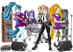 Size: 3000x2142 | Tagged: safe, alternate version, artist:ciaran, derpibooru exclusive, part of a set, adagio dazzle, aria blaze, sonata dusk, sunset shimmer, anthro, rainbow rocks 10th anniversary, equestria girls, g4, my little pony equestria girls: rainbow rocks, amplifier, bass guitar, boots, cable, clothes, dialogue, disguise, disguised, disguised siren, dress, drum kit, drum sticks, drums, electric guitar, electric piano, female, gem, guitar, indoors, jewelry, layout, light, lyrics, microphone, musical instrument, necklace, necktie, playing instrument, ponified, pony ears, ponytail, shoes, simple background, siren gem, speaker, text, white background