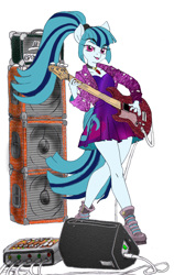 Size: 1352x2142 | Tagged: safe, alternate version, artist:ciaran, derpibooru exclusive, part of a set, sonata dusk, anthro, rainbow rocks 10th anniversary, equestria girls, g4, my little pony equestria girls: rainbow rocks, amplifier, bass guitar, boots, cable, clothes, disguise, disguised, disguised siren, dress, electric guitar, female, gem, guitar, indoors, jewelry, mixer, musical instrument, necklace, playing instrument, ponified, pony ears, ponytail, shoes, simple background, siren gem, solo, speaker, white background