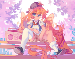 Size: 4401x3502 | Tagged: safe, artist:saxopi, oc, oc only, pegasus, semi-anthro, backpack, baseball cap, boombox, cap, female, hat, headphones, high res, looking at you, outdoors, sitting, skateboard, smiling, solo, tomboy