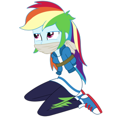 Size: 2000x2000 | Tagged: safe, artist:nie-martw-sie-o-mnie, rainbow dash, human, a fine line, equestria girls, g4, my little pony equestria girls: better together, arm behind back, bondage, bound and gagged, cloth gag, clothes, converse, dashsub, female, femsub, gag, kneeling, leggings, rope, rope bondage, shoes, simple background, sneakers, solo, submissive, transparent background