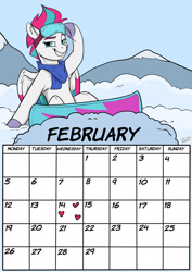 Size: 1280x1811 | Tagged: safe, artist:rutkotka, zipp storm, pegasus, pony, g5, calendar, february, female, mare, snow, snowboard, solo