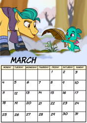 Size: 1280x1811 | Tagged: safe, artist:rutkotka, hitch trailblazer, sparky sparkeroni, dragon, earth pony, pony, g5, baby, baby dragon, calendar, clothes, duo, duo male, male, march, snow, stallion