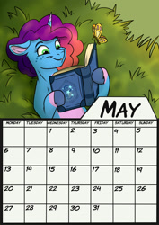 Size: 1280x1811 | Tagged: safe, artist:rutkotka, misty brightdawn, butterfly, pony, unicorn, g5, book, calendar, female, horn, lying down, mare, may, rebirth misty, solo