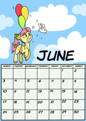 Size: 1654x2339 | Tagged: safe, artist:rutkotka, posey bloom, bird, earth pony, pony, g5, balloon, calendar, female, june, mare, solo