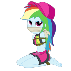 Size: 2000x2000 | Tagged: safe, artist:nie-martw-sie-o-mnie, rainbow dash, human, equestria girls, equestria girls specials, g4, my little pony equestria girls: forgotten friendship, baseball cap, belly, belly button, bondage, bound and gagged, cap, cloth gag, clothes, dashsub, female, femsub, gag, hat, kneeling, looking at you, rainbow dash's beach shorts swimsuit, rope, rope bondage, simple background, solo, submissive, swimsuit, transparent background