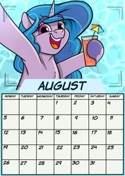 Size: 1654x2339 | Tagged: safe, artist:rutkotka, izzy moonbow, pony, unicorn, g5, august, calendar, drink, female, horn, mare, solo