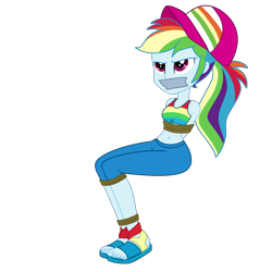 Size: 2000x2000 | Tagged: safe, artist:nie-martw-sie-o-mnie, rainbow dash, human, equestria girls, equestria girls specials, g4, my little pony equestria girls: spring breakdown, baseball cap, belly, belly button, bondage, bound and gagged, cap, cruise outfit, dashsub, female, femsub, gag, hat, rope, rope bondage, sandals, simple background, solo, submissive, tape, tape gag, transparent background