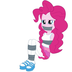 Size: 2000x2000 | Tagged: safe, artist:nie-martw-sie-o-mnie, pinkie pie, human, equestria girls, g4, my little pony equestria girls: better together, super squad goals, arm behind back, bondage, bound and gagged, clothes, female, femsub, gag, looking at you, pantyhose, pinkiesub, platform shoes, simple background, sitting, solo, submissive, tape, tape bondage, tape gag, transparent background