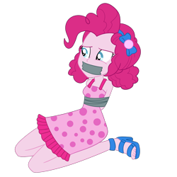 Size: 2000x2000 | Tagged: safe, artist:nie-martw-sie-o-mnie, pinkie pie, human, equestria girls, equestria girls specials, g4, my little pony equestria girls: spring breakdown, arm behind back, bondage, bound and gagged, cruise outfit, female, femsub, gag, high heels, kneeling, pinkiesub, polka dots, shoes, simple background, solo, submissive, tape, tape bondage, tape gag, transparent background