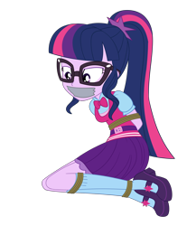 Size: 2072x2500 | Tagged: safe, artist:nie-martw-sie-o-mnie, sci-twi, twilight sparkle, human, equestria girls, equestria girls specials, g4, my little pony equestria girls: dance magic, bondage, bound and gagged, bowtie, clothes, female, femsub, gag, glasses, high heels, necktie, rope, rope bondage, shoes, simple background, skirt, socks, solo, submissive, tape, tape gag, transparent background, twisub