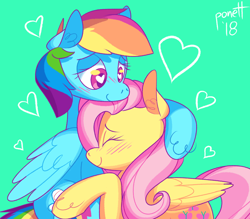 Size: 2400x2100 | Tagged: safe, artist:ponett, fluttershy, rainbow dash, pegasus, pony, g4, blushing, cute, daaaaaaaaaaaw, dashabetes, duo, duo female, ear fluff, female, folded wings, heart, hug, lesbian, mare, ship:flutterdash, shipping, shyabetes, sweet dreams fuel, unshorn fetlocks, weapons-grade cute, wingding eyes, wings