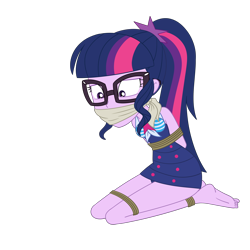 Size: 2500x2500 | Tagged: safe, artist:nie-martw-sie-o-mnie, sci-twi, twilight sparkle, human, equestria girls, equestria girls specials, g4, my little pony equestria girls: forgotten friendship, bondage, bound and gagged, cloth gag, clothes, female, femsub, gag, glasses, kneeling, one-piece swimsuit, rope, rope bondage, sci-twi swimsuit, simple background, solo, submissive, swimsuit, transparent background, twisub