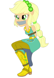 Size: 2000x2890 | Tagged: safe, artist:nie-martw-sie-o-mnie, applejack, human, equestria girls, g4, arm behind back, bare shoulders, bondage, boots, bound and gagged, clothes, cowboy boots, crystal guardian, gag, high heel boots, shirt, shoes, simple background, sleeveless, sleeveless shirt, solo, tape, tape gag, transparent background