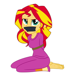 Size: 2500x2500 | Tagged: safe, artist:nie-martw-sie-o-mnie, sunset shimmer, human, equestria girls, g4, my little pony equestria girls: rainbow rocks, arm behind back, barefoot, bondage, bound and gagged, clothes, feet, female, femsub, gag, kneeling, looking at you, pajamas, rope, rope bondage, simple background, solo, submissive, subset, tape, tape gag, transparent background