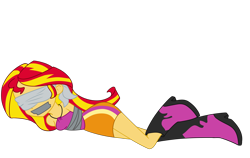 Size: 2500x1576 | Tagged: safe, artist:nie-martw-sie-o-mnie, sunset shimmer, human, equestria girls, g4, my little pony equestria girls: rainbow rocks, arm behind back, blindfold, bondage, boots, bound and gagged, clothes, female, femsub, gag, lying down, on side, shoes, simple background, skirt, solo, submissive, subset, tape, tape bondage, tape gag, transparent background