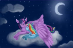 Size: 10033x6688 | Tagged: safe, artist:garden-guardian, rainbow dash, twilight sparkle, alicorn, pegasus, pony, g4, cloud, cute, dashabetes, duo, duo female, female, lesbian, looking at each other, looking at someone, moon, night, outdoors, ship:twidash, shipping, stars, twiabetes, twilight sparkle (alicorn), wing blanket, winghug, wings